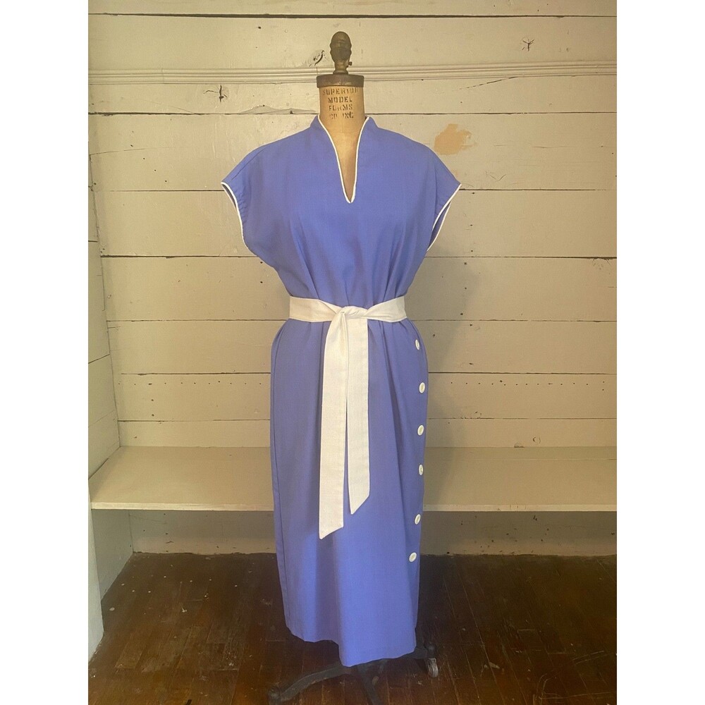 VTG 80s Periwinkle Blue Asymmetrical Button Midi Dress White Piping Tie Waist 16